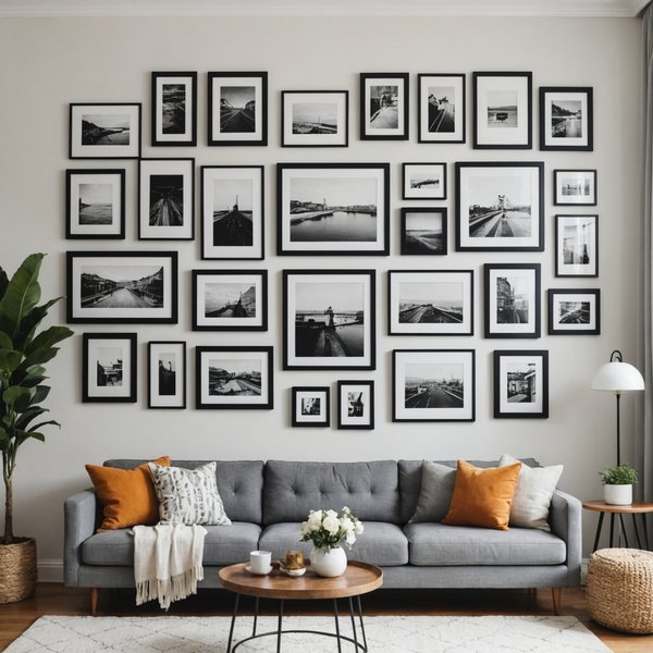 Comment créer un mur de photos avec un système de cadre interchangeable dans un salon ?